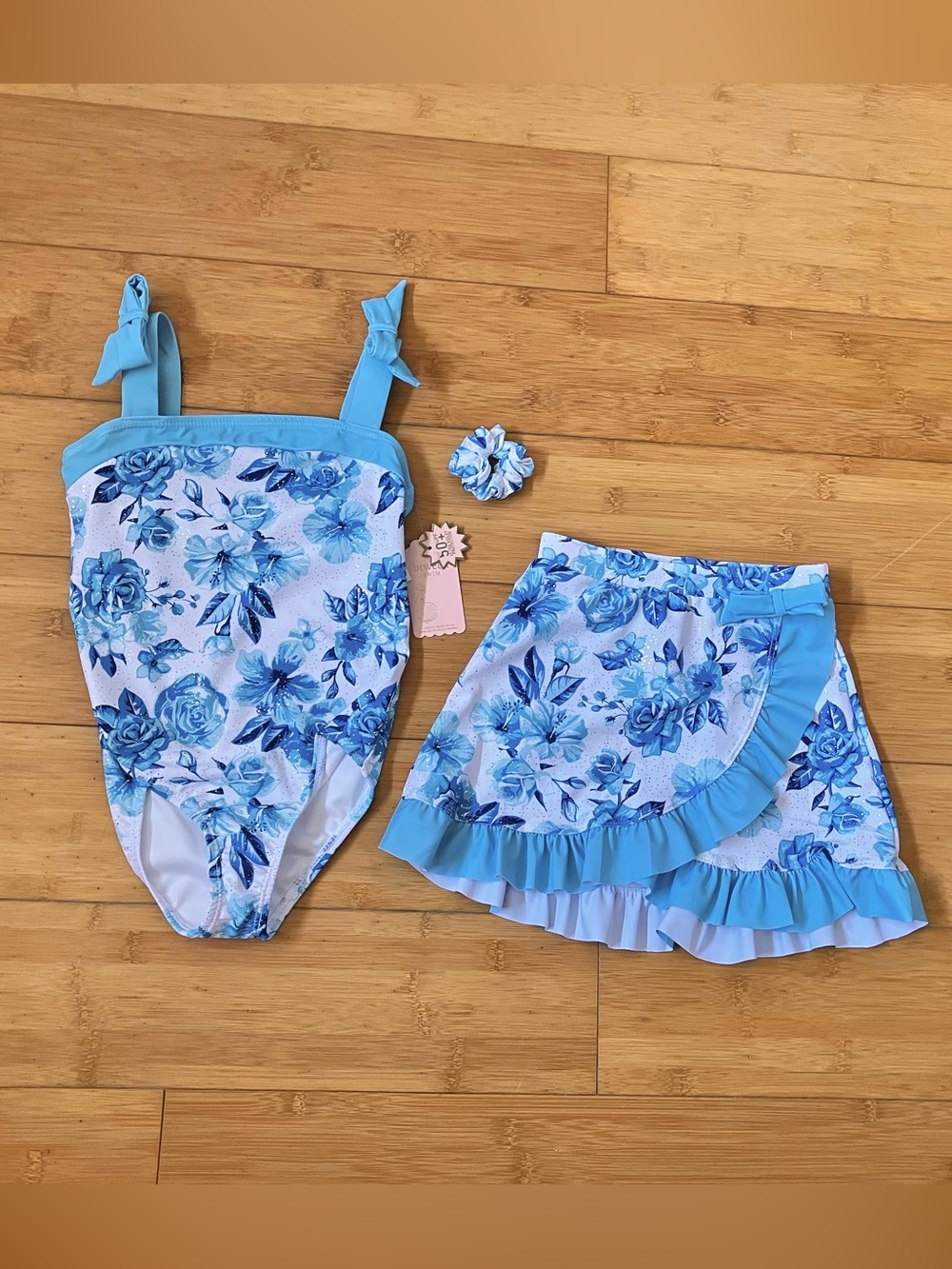 NWT Girls Size 6 Blue Floral One-Piece Swimsuit with Ruffle Skirt Cover Up